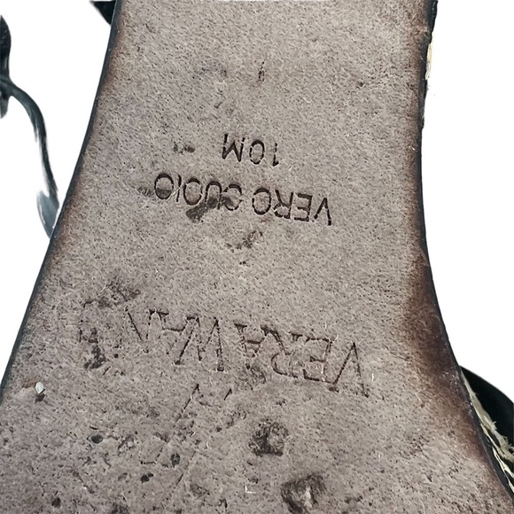 Vera Wang Black Leather Geometric Print Wedge Platform Sandals Size 10 Women’s - Picture 2 of 12